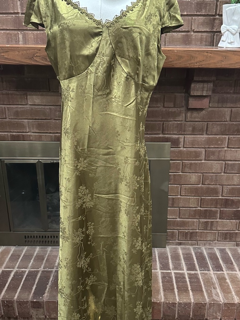 NWT Rihoas Olive Green Jacquard Cap Sleeve Satin Midi Dress XL Cottagecore - Picture 6 of 11